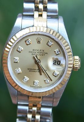 ROLEX LADY DATEJUST 18KY GOLD & STEEL GREEN DIAMOND DIAL FLUTED 26MM WATCH