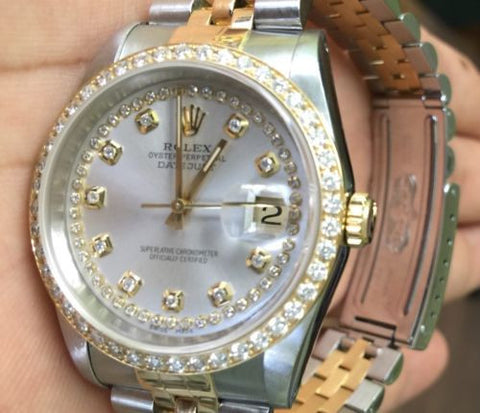 ROLEX LADIES MENS 36mm DATEJUST DIAMONDS BEZEL SILVER STRING DIAMOND DIAL 2tone