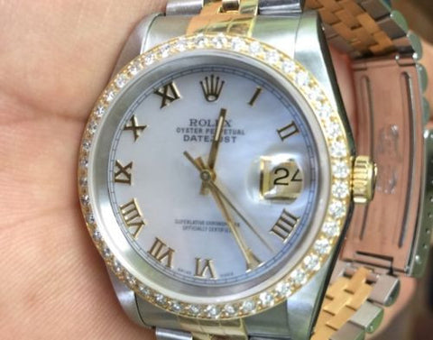 ROLEX LADIES MENS 36mm DATEJUST DIAMOND BEZEL ROMAN MOP DIAL STEEL GOLD 2TONE