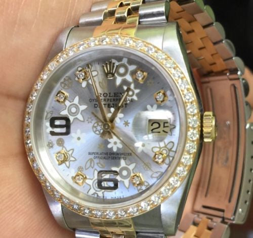 ROLEX LADIES MENS 36mm DATEJUST DIAMOND BEZEL FLORAL DIAL STEEL GOLD 2TONE