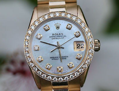 ROLEX LADIES MIDSIZE PRESIDENT 18K YELLOW GOLD DIAMOND WHITE MOP DIAL BEZEL