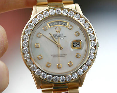 ROLEX MENS 18038 PRESIDENT 18K YELLOW GOLD 5 ct DIAMOND BEZEL MOP DIAL 36mm