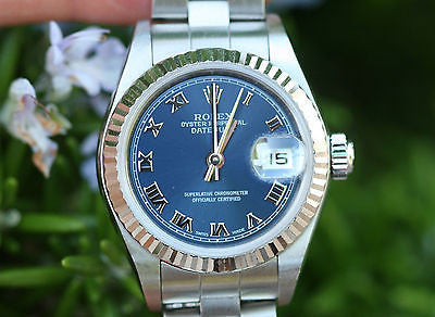 ROLEX LADIES DATEJUST 26mm STAINLESS STEEL 18K WHITE GOLD BEZEL 79174 BLUE ROMAN