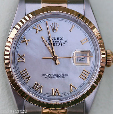 ROLEX MENS DATEJUST TWO TONE 18k GOLD STEEL MOTHER-OF-PEARL GOLD ROMAN NUMERALS