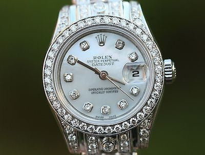 ROLEX LADIES 18K WHITE GOLD DIAMONDS MASTERPIECE BAND DIAMOND LUGS BEZEL DIAL