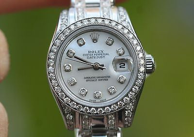 ROLEX LADIES 18K WHITE GOLD 3cts DIAMONDS MASTERPIECE BAND DIAMOND LUGS UNWORN