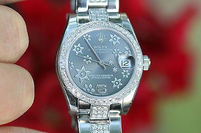 ROLEX LADIES MIDSIZE 31mm STEEL DATEJUST FLORAL DIAL DIAMOND BAND BEZEL UNWORN