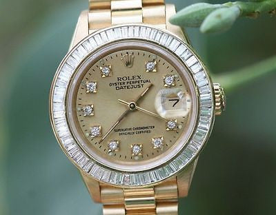 ROLEX LADIES PRESIDENT 18K YELLOW GOLD CHANNEL SET DIAMOND BEZEL GOLD DIAL 69178