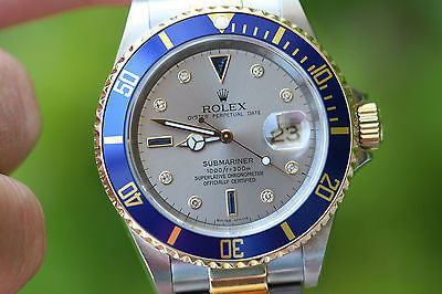 Rolex Submariner 18k Gold Stainless Steel Serti Diamond Sapphire Dial 16613