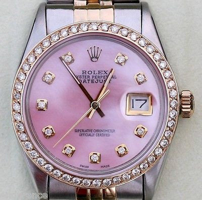 ROLEX DATEJUST TWO TONE STAINLESS 18K GOLD DIAMONDS BEZEL PINK MOTHER OF PEARL