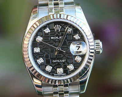 ROLEX LADIES 26mm DATEJUST 179174 STEEL FACTORY BLACK DIAMOND JUBILEE UNWORN