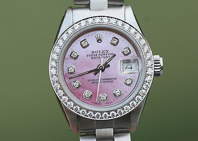 ROLEX LADIES 26mm DATEJUST STEEL PINK MOTHER OF PEARL DIAMOND DIAL BEZEL MN 6919