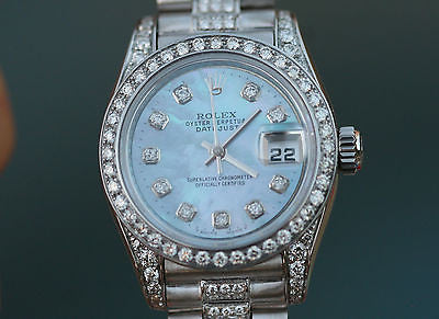 ROLEX WATCH LADIES DATEJUST 18K WHITE GOLD DIAMOND BAND BEZEL DIAL LUGS 179160