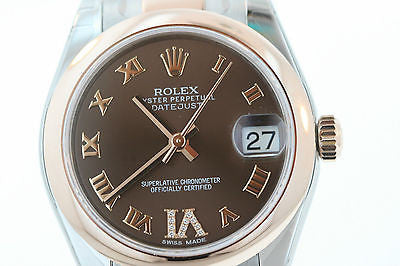 ROLEX LADIES MIDSIZE DATEJUST 18K ROSE GOLD STAINLESS STEEL DIAMOND ROMAN