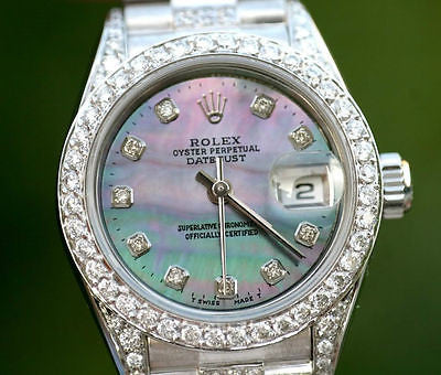 ROLEX LADIES 26mm DATEJUST 18K WHITE GOLD DIAMOND BAND BEZEL LUGS MOP DIAL