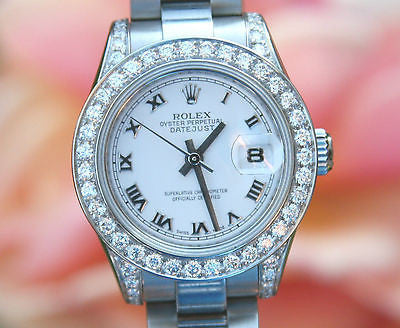 ROLEX LADIES 26mm DATEJUST 18K WHITE GOLD 1.5ct DIAMOND BEZEL LUGS ROMAN DIAL