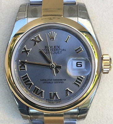 ROLEX LADIES DATEJUST TWO TONE SMOOTH BEZEL OYSTER BRACELET ROMANS MODEL 179163