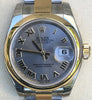 ROLEX LADIES DATEJUST TWO TONE SMOOTH BEZEL OYSTER BRACELET ROMANS MODEL 179163