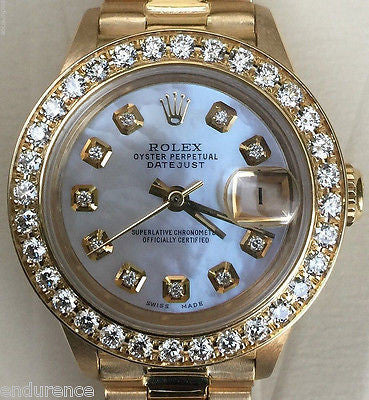 ROLEX LADIES PRESIDENT 18K GOLD 26 mm MOTHER OF PEARL DIAMOND DIAL BEZEL 69178