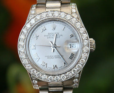 ROLEX LADIES 26mm PRESIDENT 18K WHITE GOLD DIAMOND BEZEL LUGS 179239 ROMAN DIAL