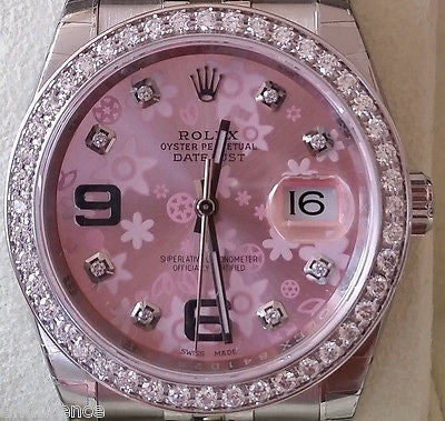 ROLEX NEW DATEJUST STEEL PINK FLORAL DIAL DIAMONDS BEZEL BOX TAG CERTCARD 116200