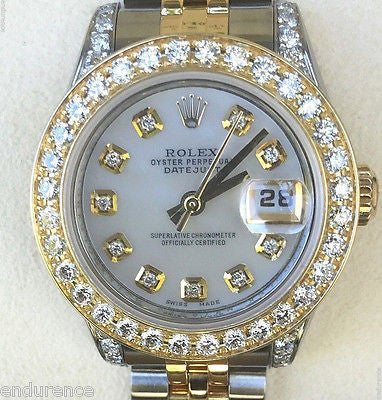 ROLEX LADIES DATEJUST TWO TONE GOLD STEEL MOTHER PEARL DIAMOND DIAL BEZEL 179173