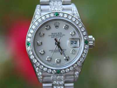 ROLEX LADIES 18K WHITE GOLD PRESIDENT DIAMOND BAND DIAMOND EMERALD BEZEL DIAL