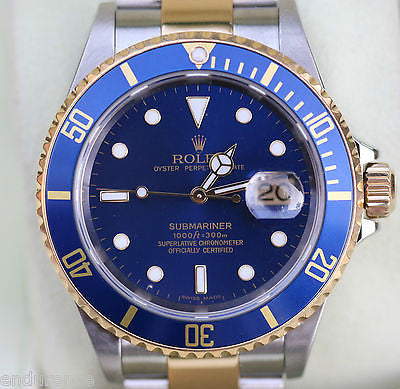 ROLEX SUBMARINER TWO TONE GOLD STAINLESS STEEL BLUE WATCH 16613