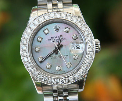 ROLEX LADIES 26mm DATEJUST 18K WHITE GOLD DIAMOND BEZEL BLACK MOP 179160 PERFECT