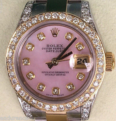 ROLEX LADIES DATEJUST TWO TONE MOTHER OF PEARL PINK DIAMONDS DIAL BEZEL 179173