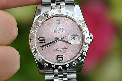 ROLEX LADIES MENS 36MM DATEJUST PINK ROSE FLORAL DIAL DIAMOND BEZEL 116200 MINT