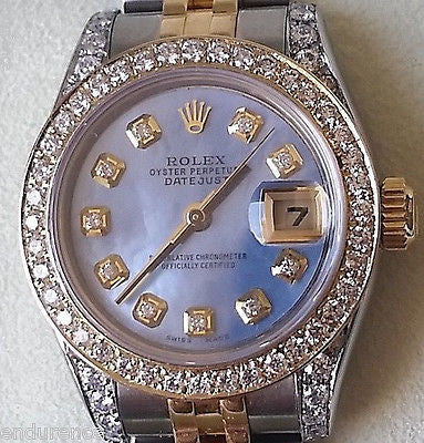 ROLEX LADIES DATEJUST TWO TONE MOTHER OF PEARL DIAMOND DIAL BEZEL LUGS 179173